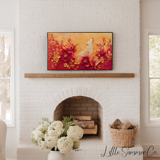 White Dog Among Flowers Frame TV Art displayed on a TV
