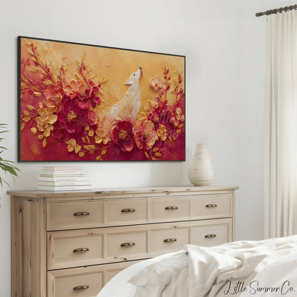 White Dog Among Flowers Frame TV Art displayed on a TV