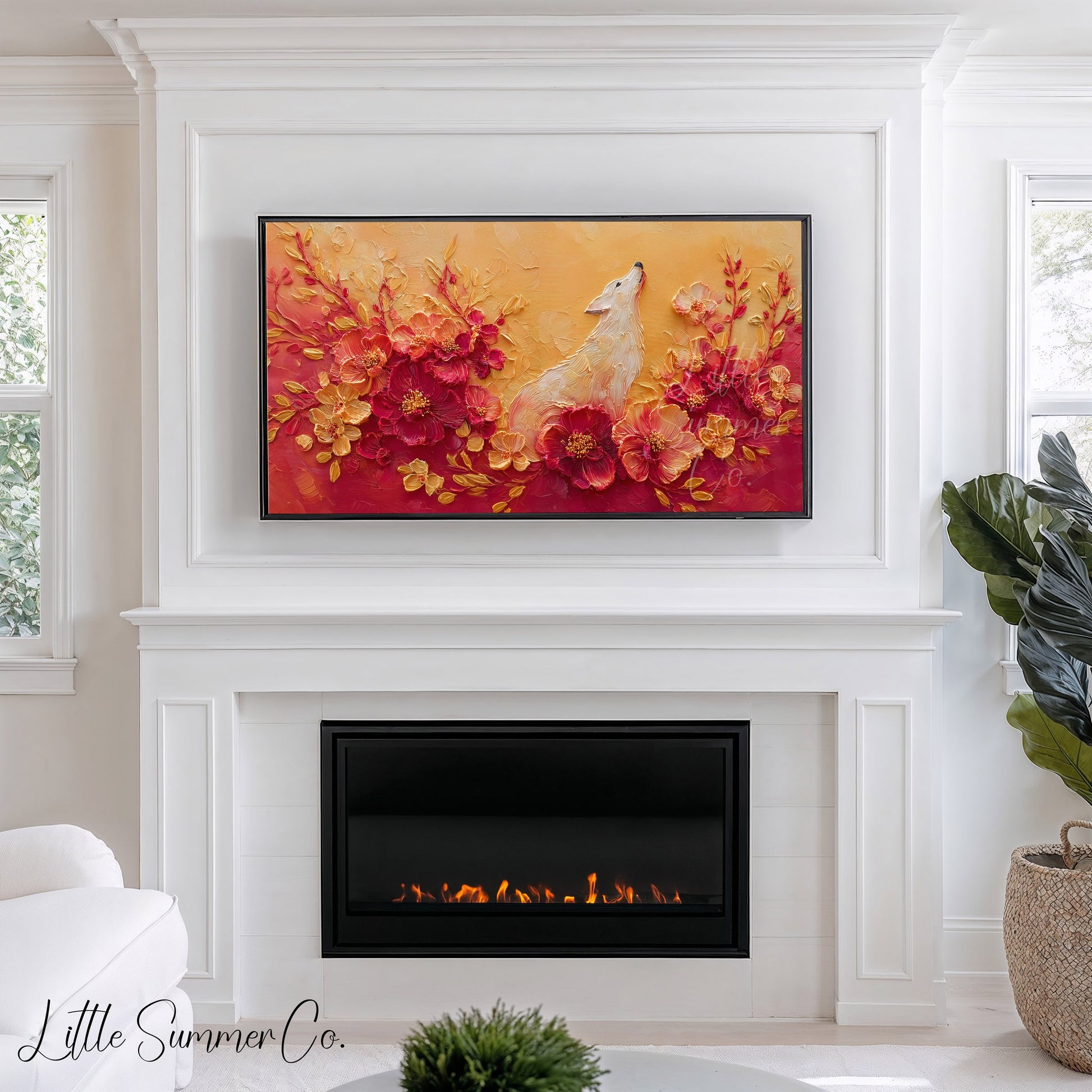 White Dog Among Flowers Frame TV Art displayed on a TV