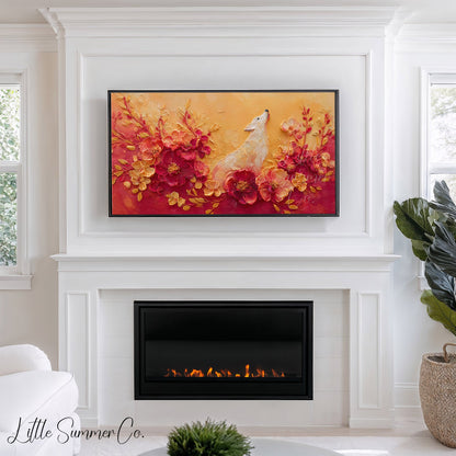 White Dog Among Flowers Frame TV Art displayed on a TV
