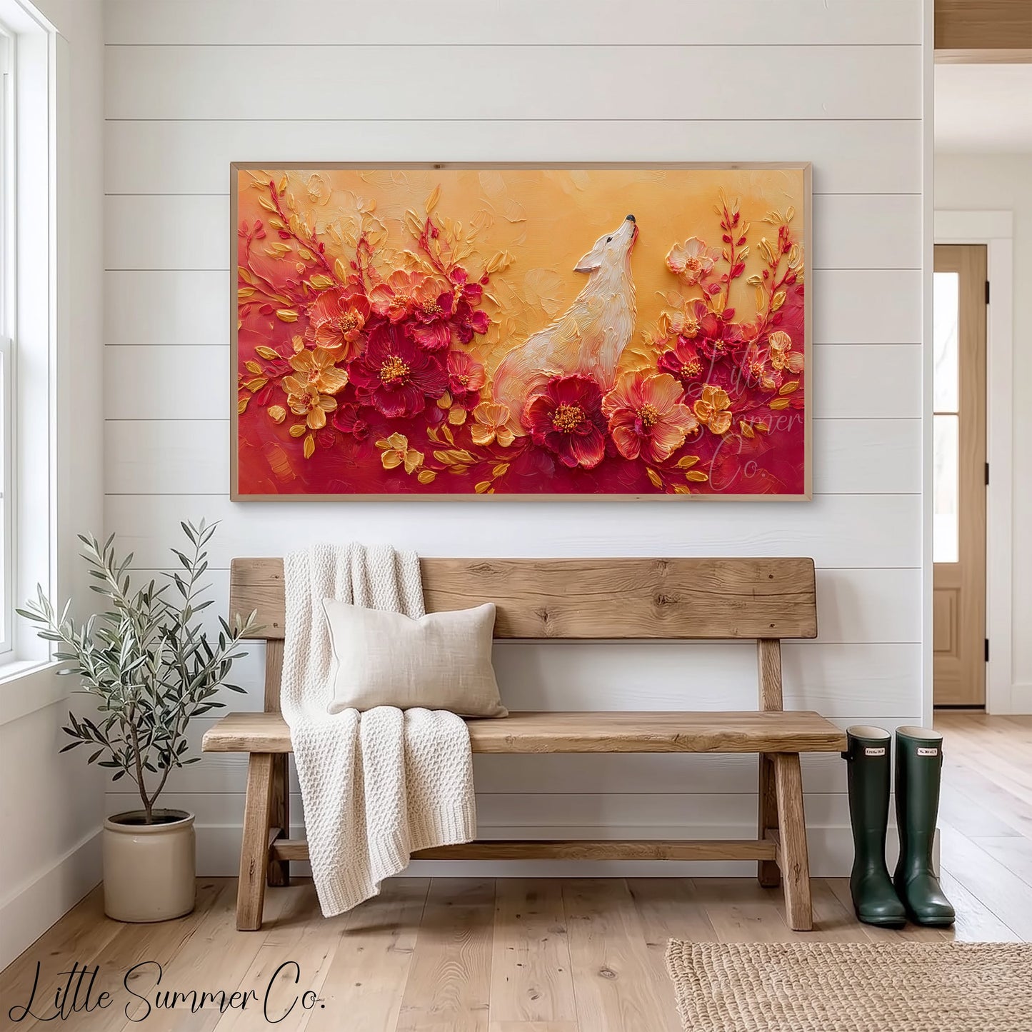 White Dog Among Flowers Frame TV Art displayed on a TV