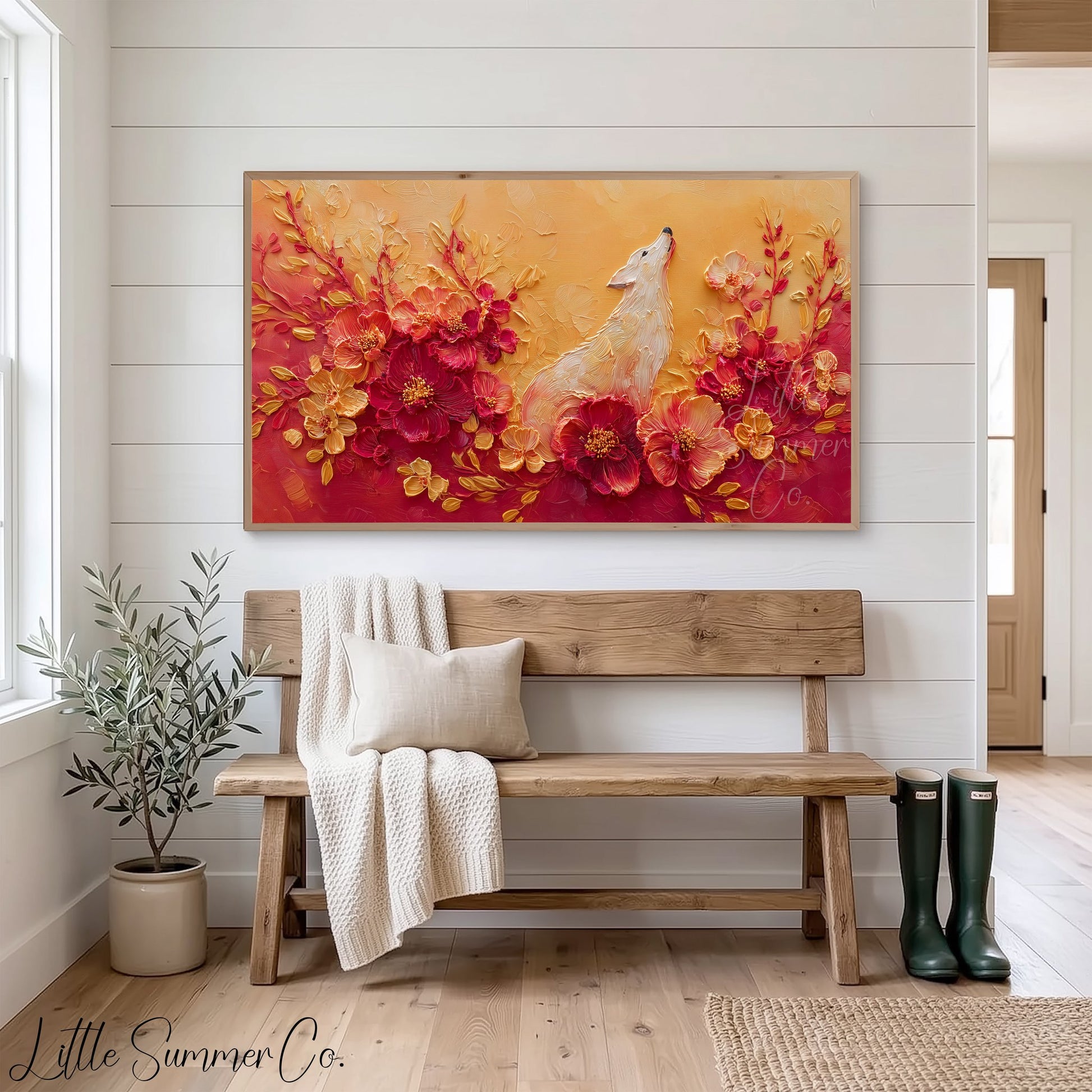 White Dog Among Flowers Frame TV Art displayed on a TV