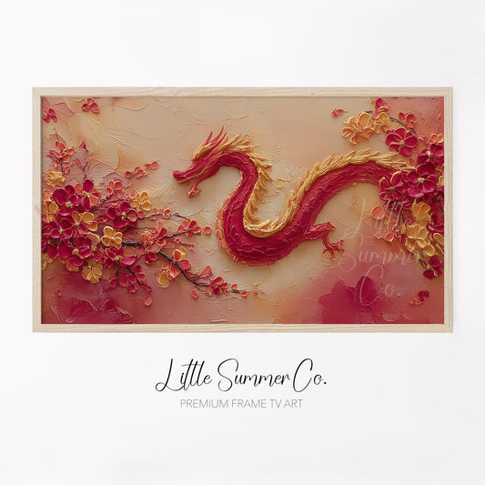 Red Dragon and Blossoms Frame TV Art displayed on a TV