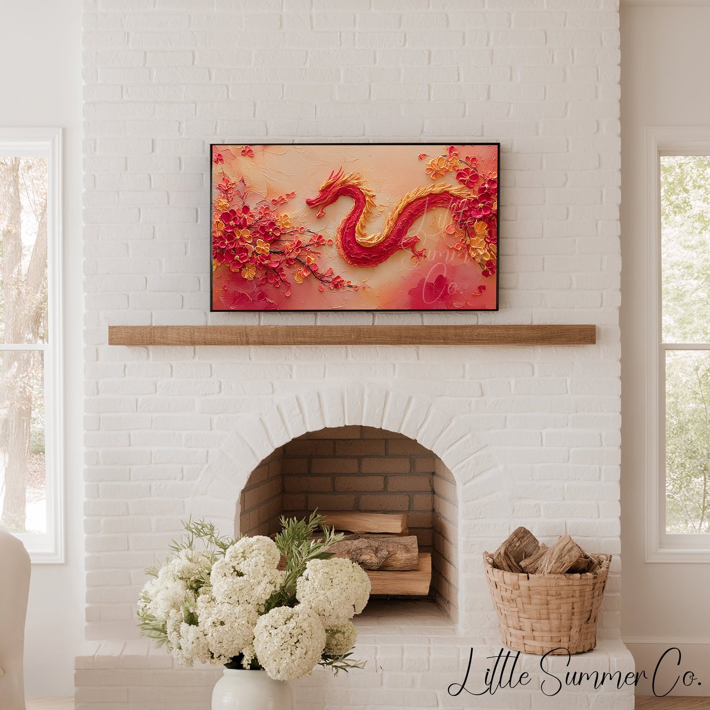 Red Dragon and Blossoms Frame TV Art displayed on a TV