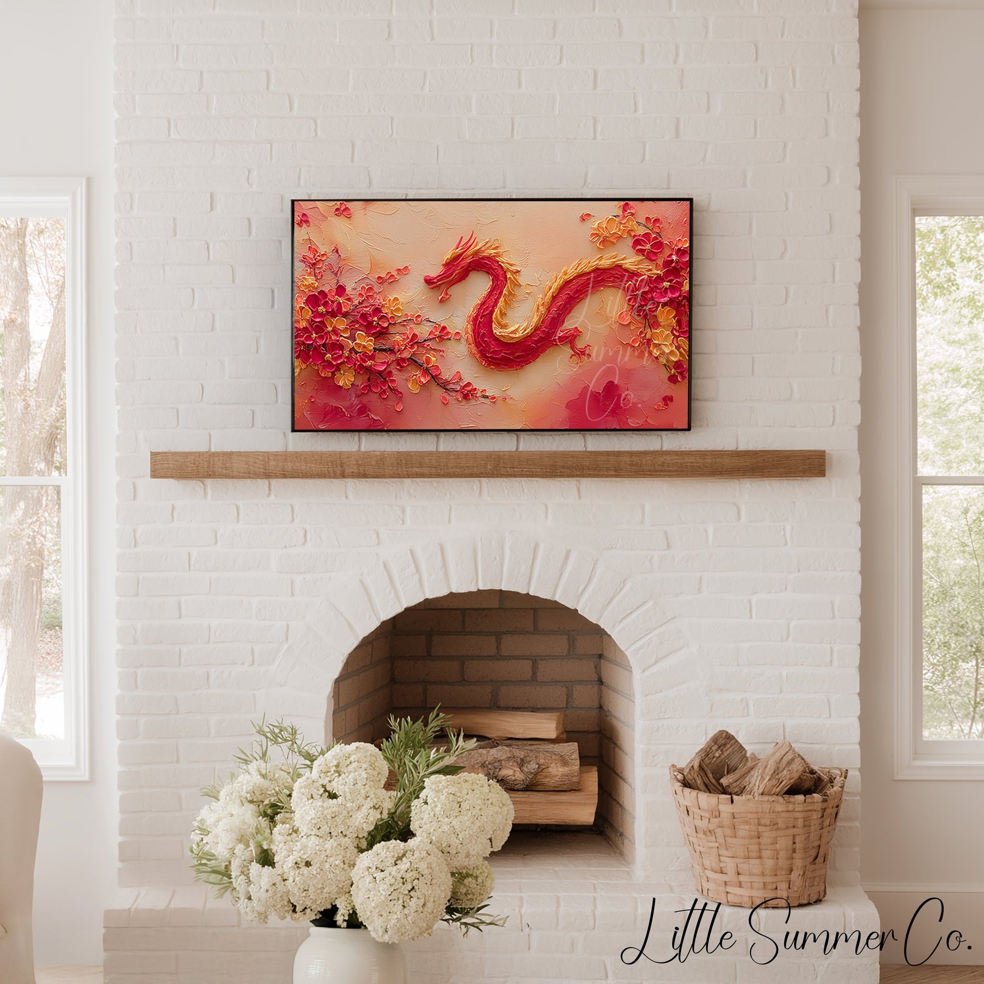 Red Dragon and Blossoms Frame TV Art displayed on a TV