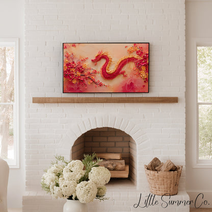 Red Dragon and Blossoms Frame TV Art displayed on a TV