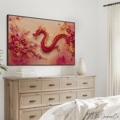 Red Dragon and Blossoms Frame TV Art displayed on a TV