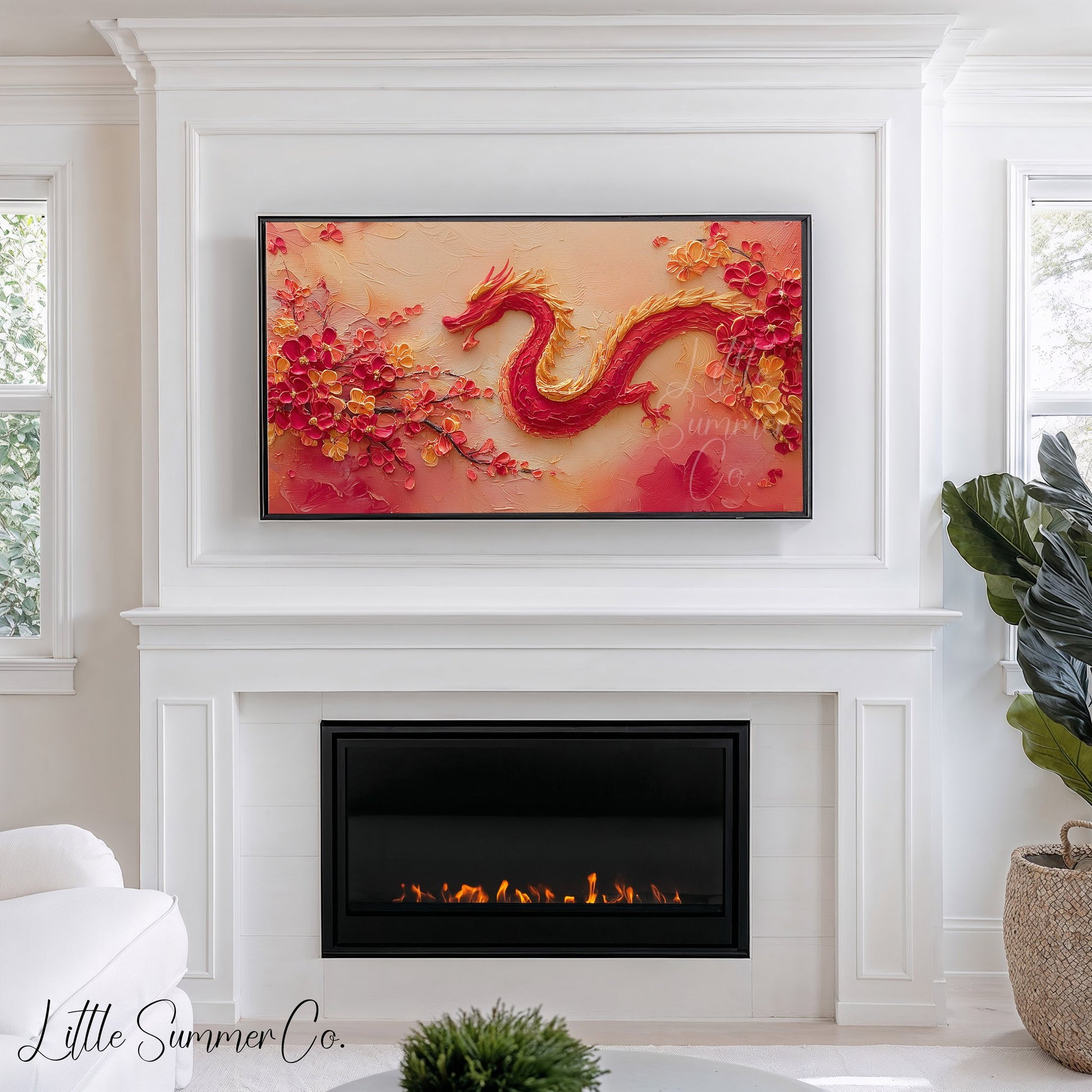 Red Dragon and Blossoms Frame TV Art displayed on a TV