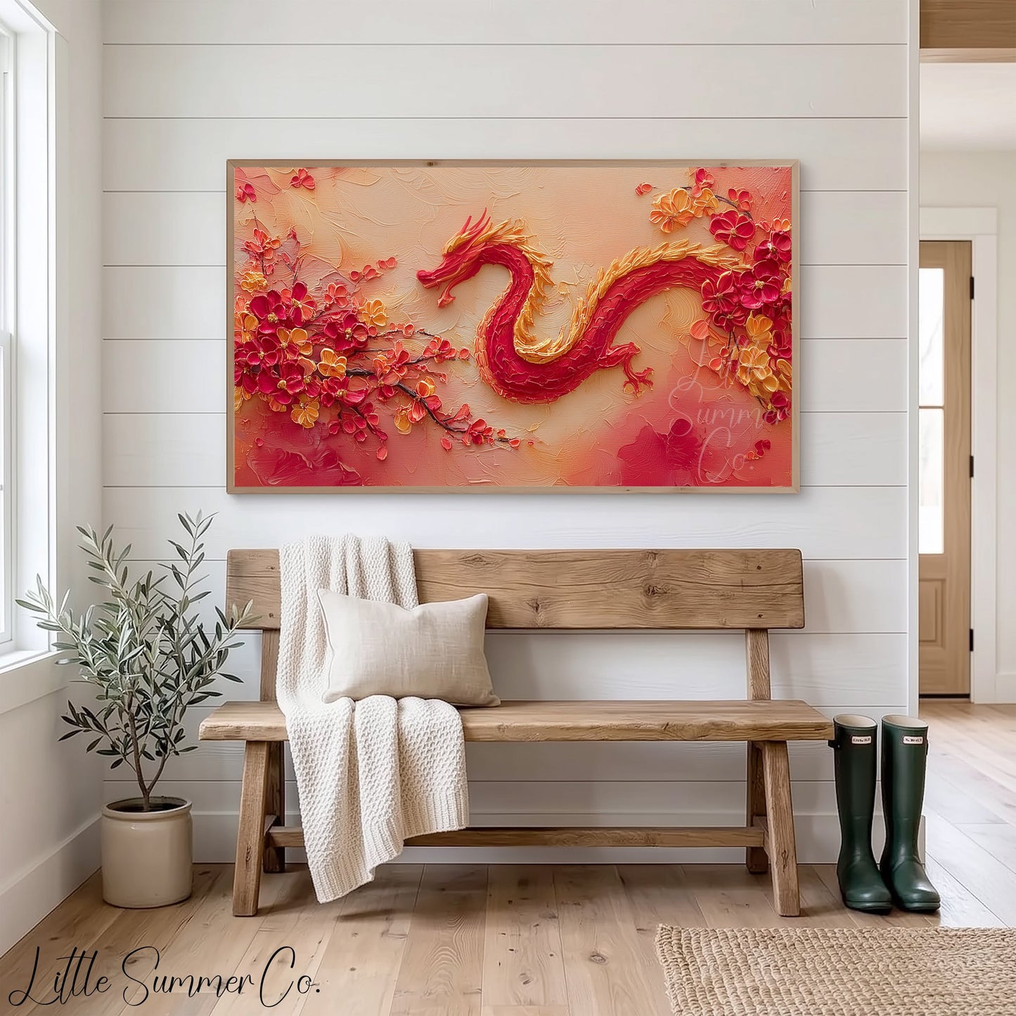 Red Dragon and Blossoms Frame TV Art displayed on a TV