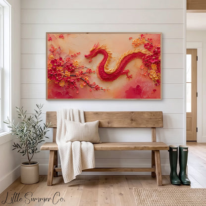 Red Dragon and Blossoms Frame TV Art displayed on a TV