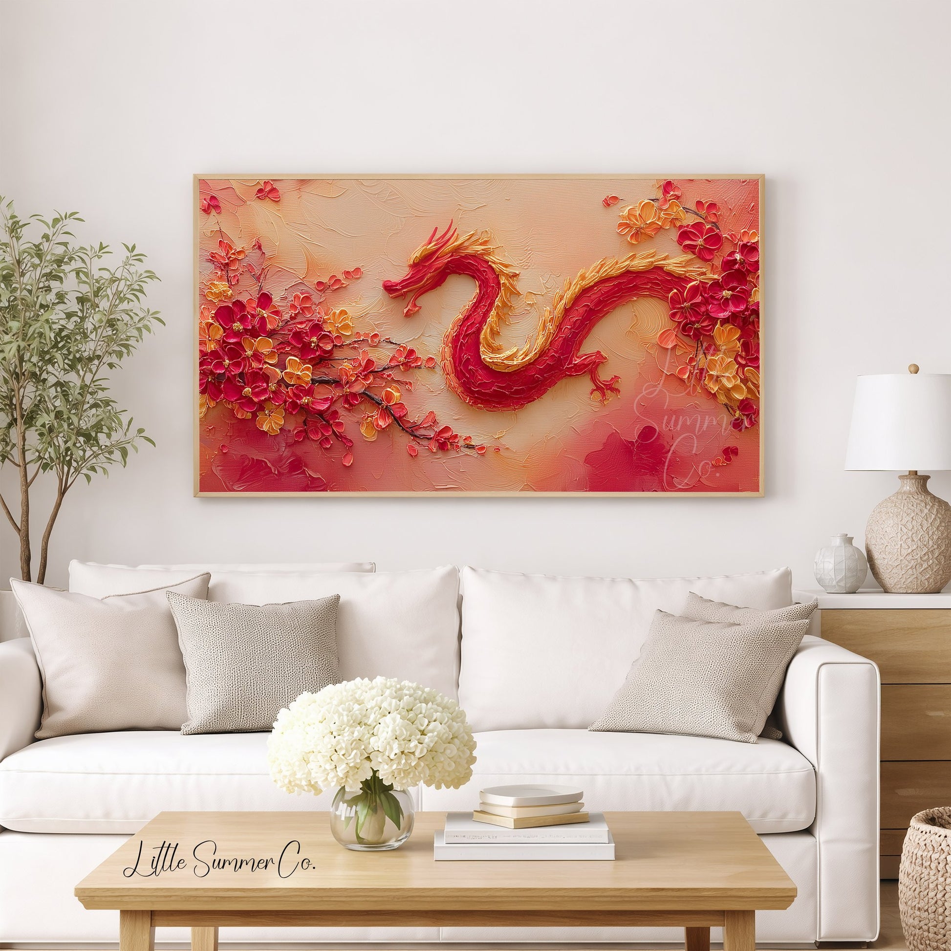 Red Dragon and Blossoms Frame TV Art displayed on a TV