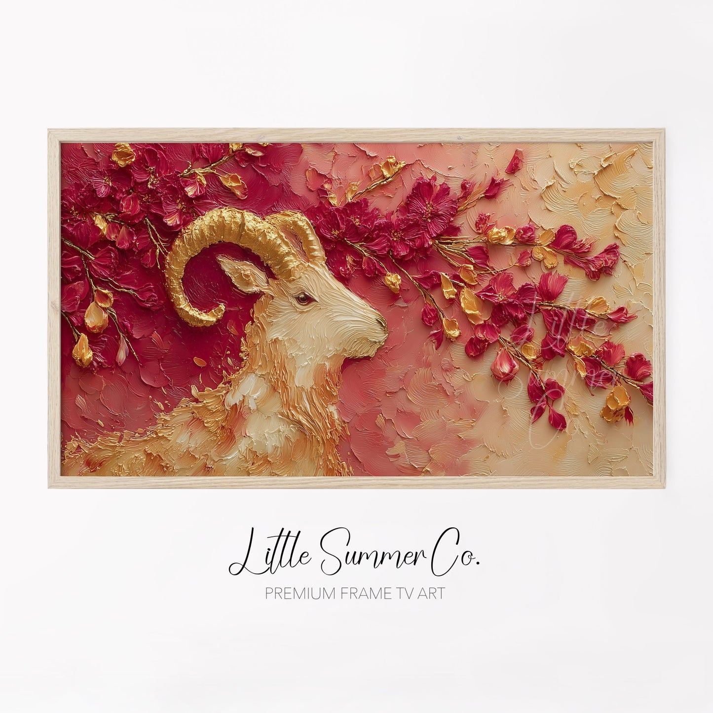 Golden Goat and Blossoms Frame TV Art displayed on a TV