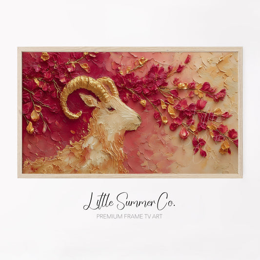 Golden Goat and Blossoms Frame TV Art displayed on a TV