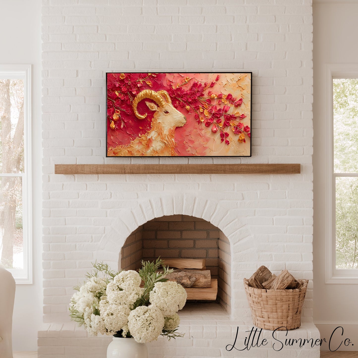 Golden Goat and Blossoms Frame TV Art displayed on a TV