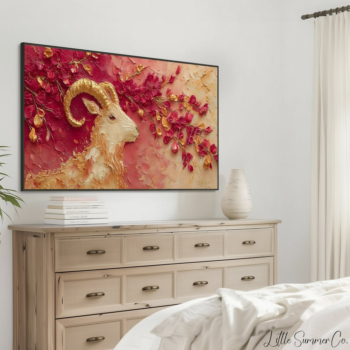 Golden Goat and Blossoms Frame TV Art displayed on a TV