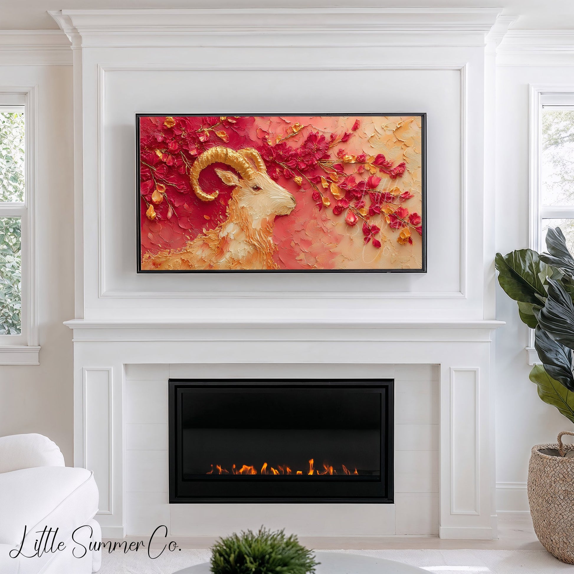 Golden Goat and Blossoms Frame TV Art displayed on a TV