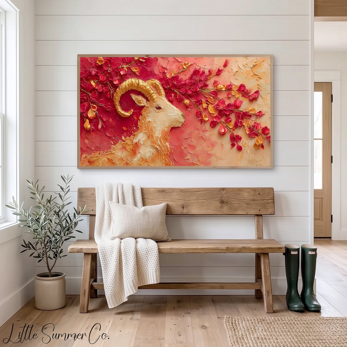 Golden Goat and Blossoms Frame TV Art displayed on a TV