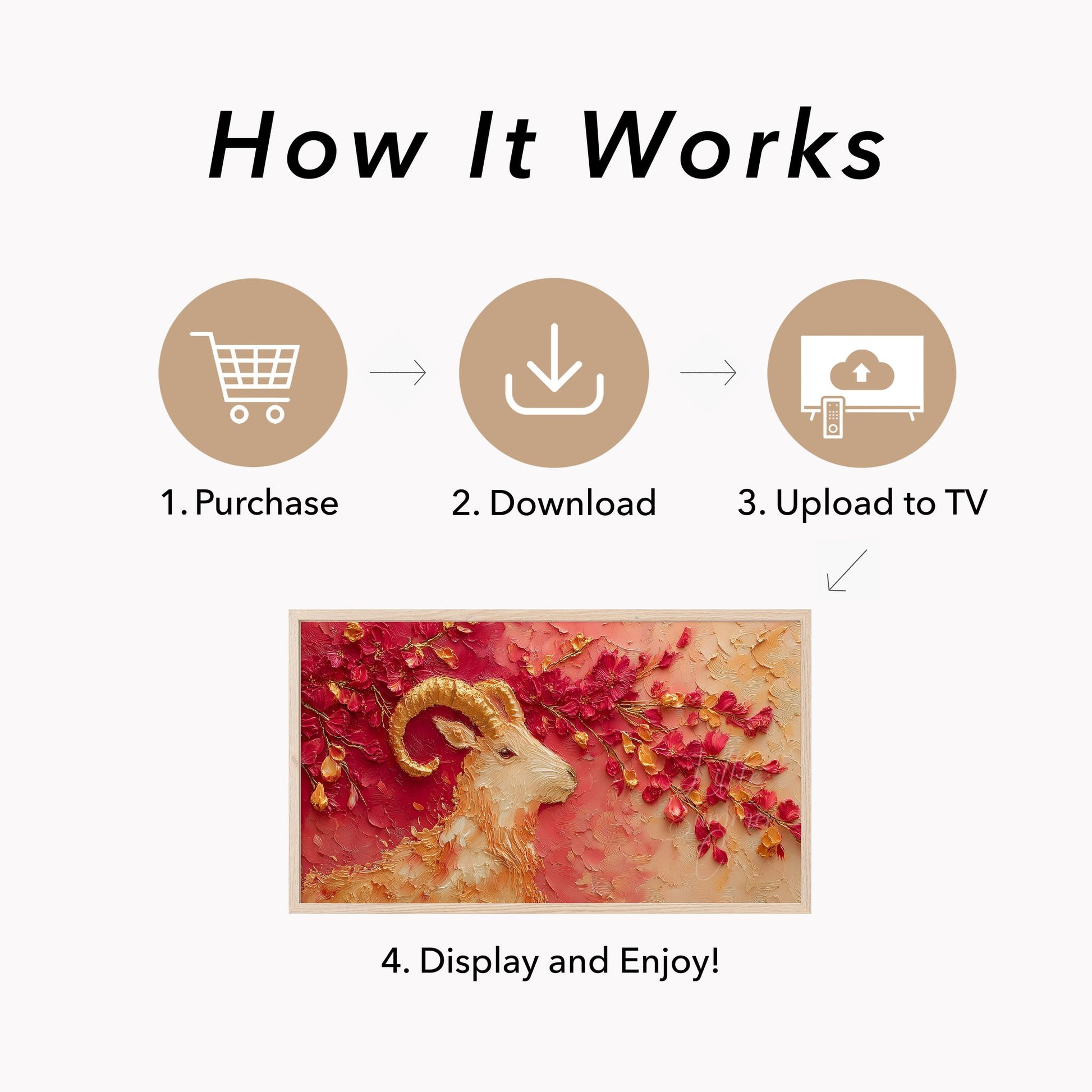 Golden Goat and Blossoms Frame TV Art displayed on a TV