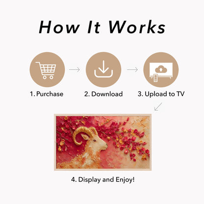 Golden Goat and Blossoms Frame TV Art displayed on a TV