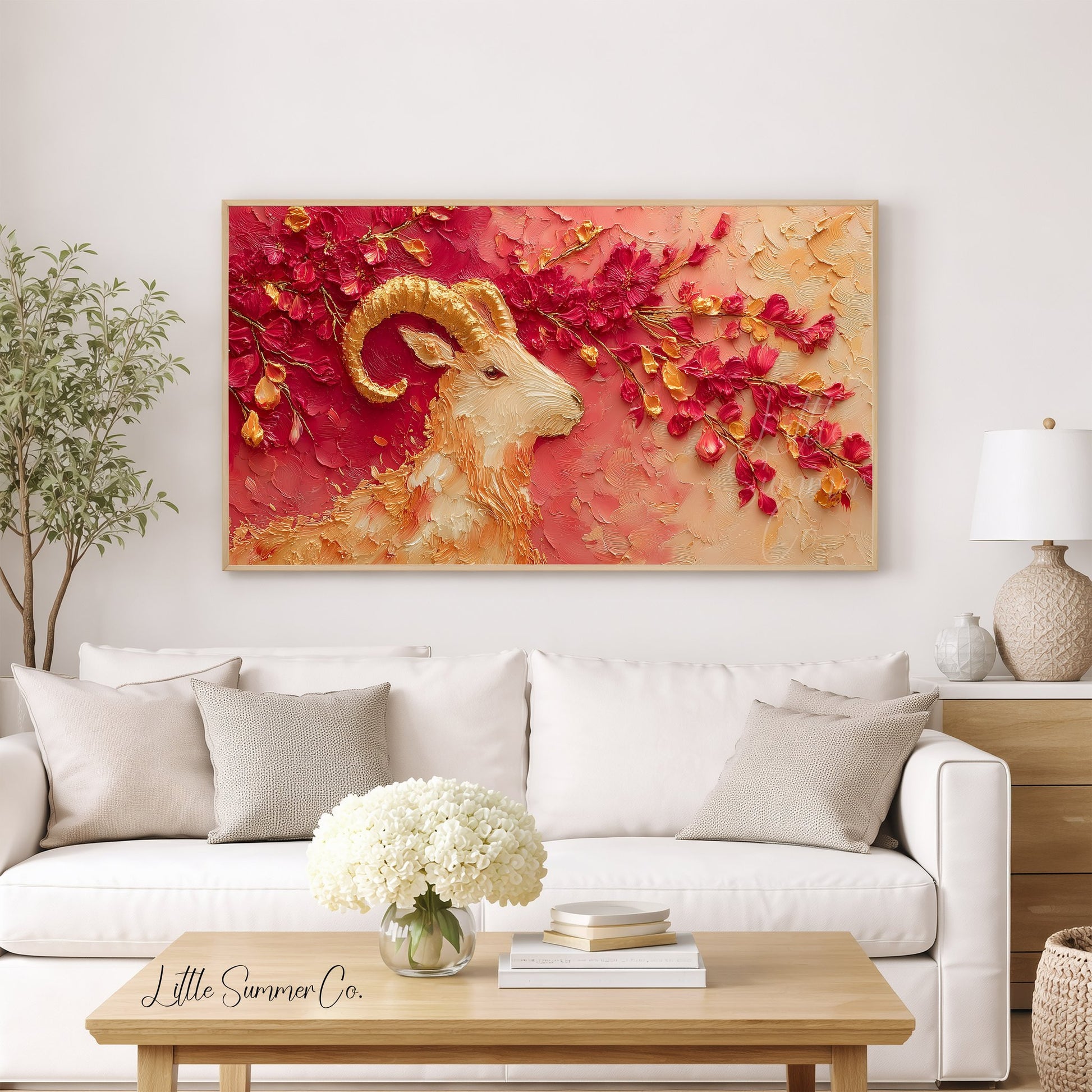 Golden Goat and Blossoms Frame TV Art displayed on a TV
