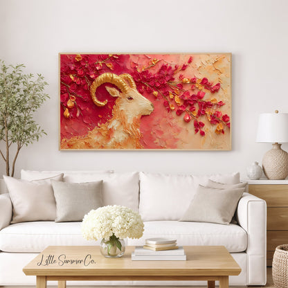 Golden Goat and Blossoms Frame TV Art displayed on a TV