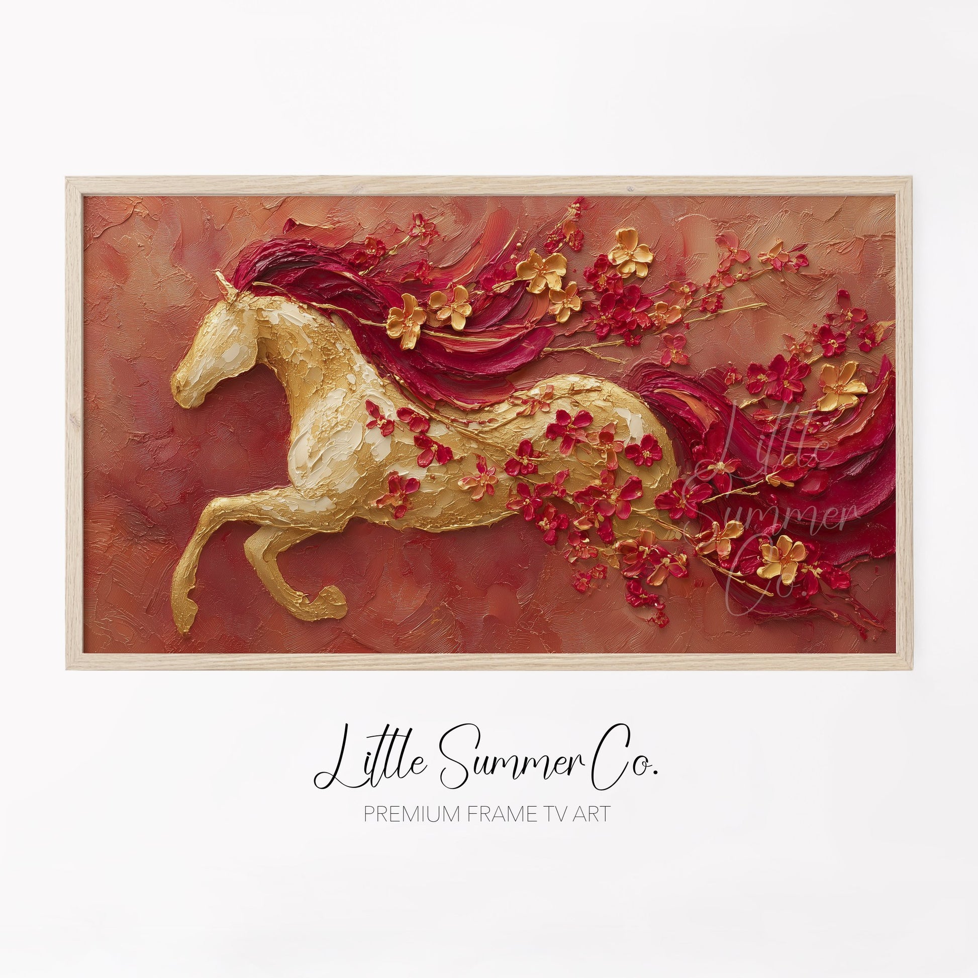 Golden Horse and Blossoms Frame TV Art displayed on a TV