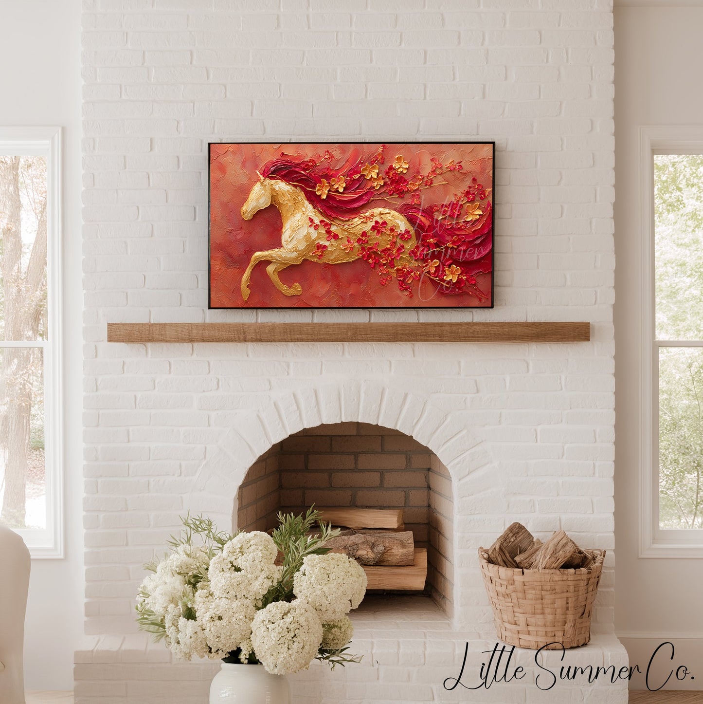 Golden Horse and Blossoms Frame TV Art displayed on a TV