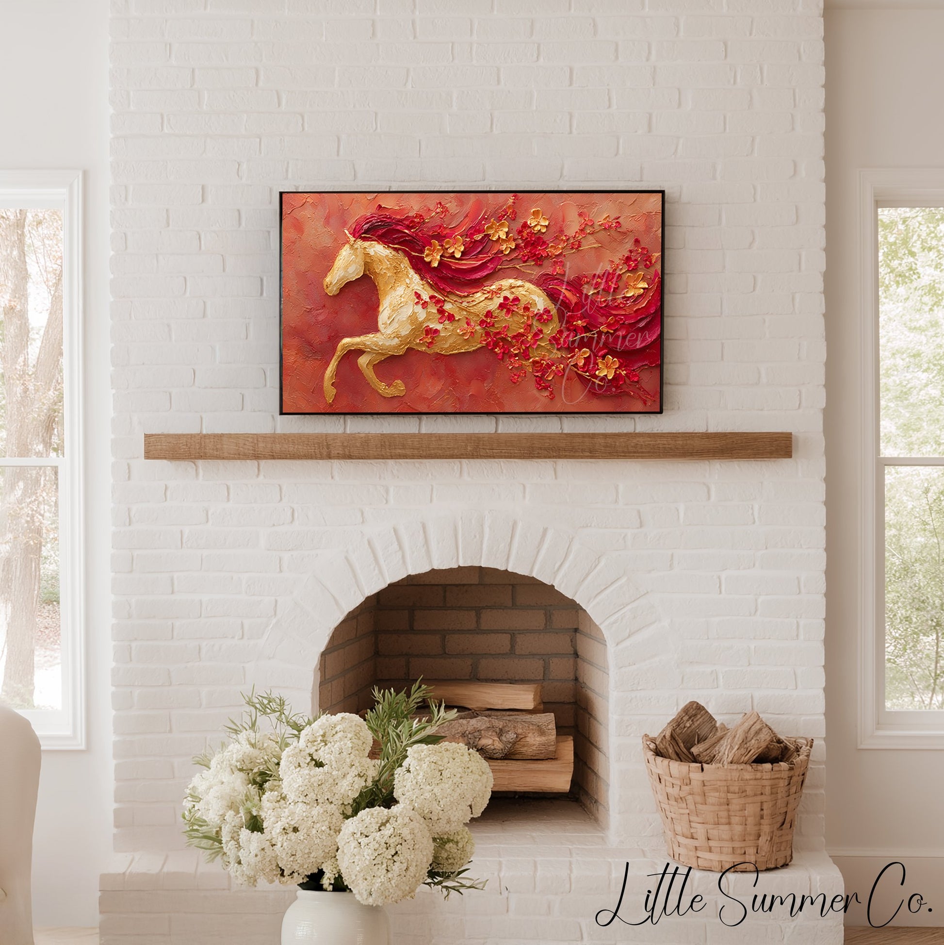 Golden Horse and Blossoms Frame TV Art displayed on a TV