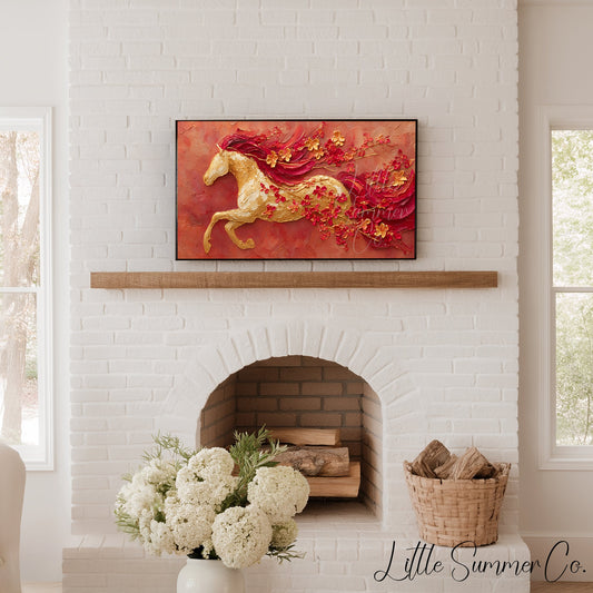Golden Horse and Blossoms Frame TV Art displayed on a TV