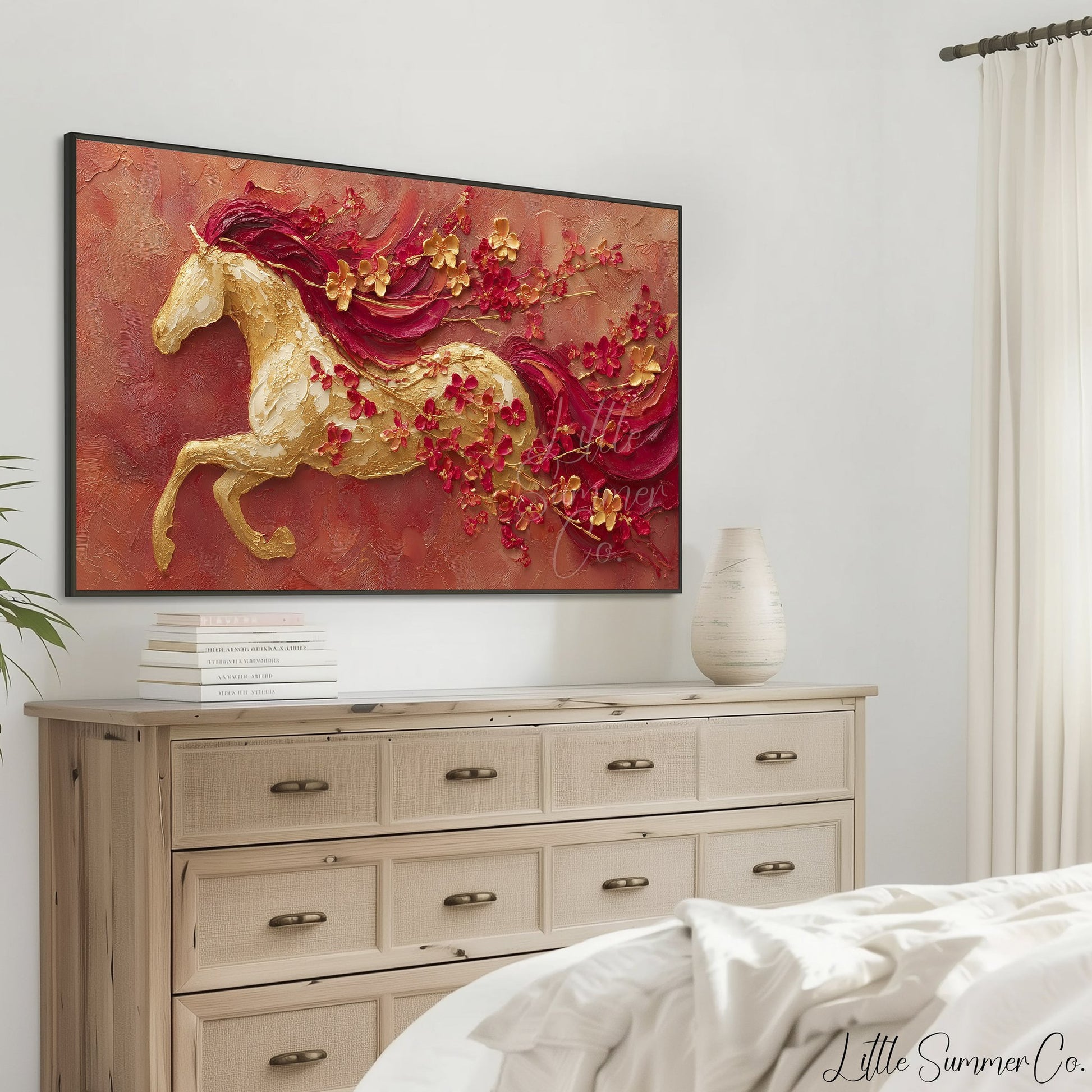 Golden Horse and Blossoms Frame TV Art displayed on a TV