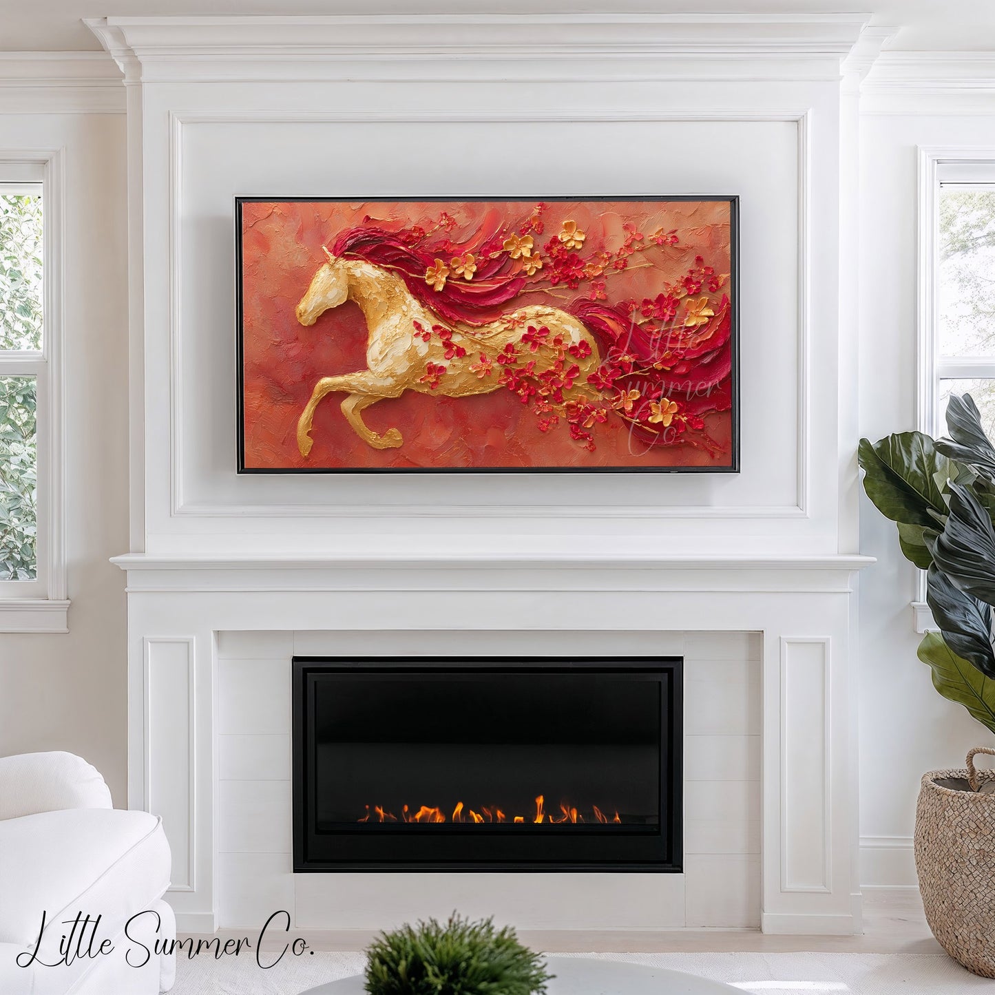 Golden Horse and Blossoms Frame TV Art displayed on a TV