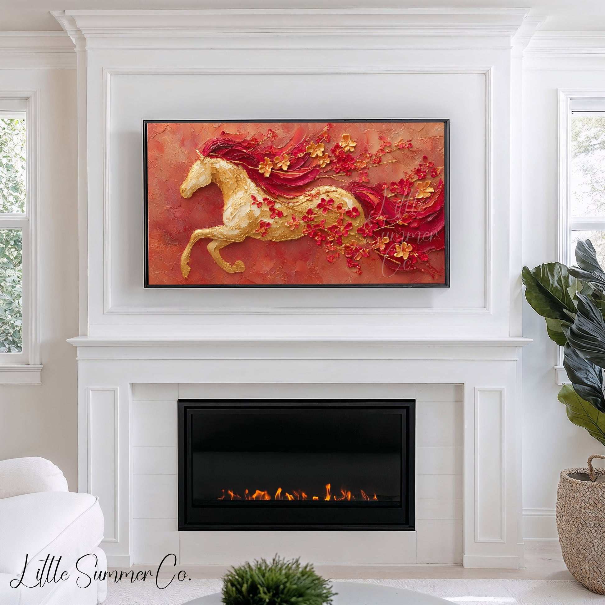 Golden Horse and Blossoms Frame TV Art displayed on a TV