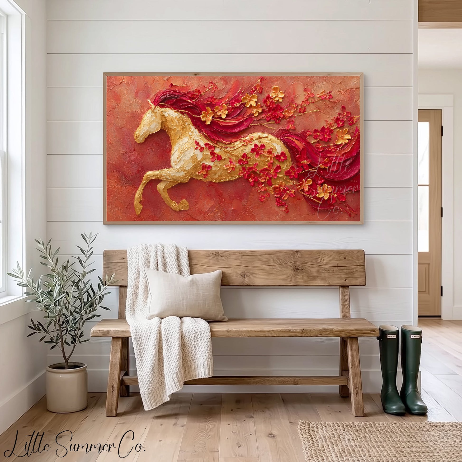 Golden Horse and Blossoms Frame TV Art displayed on a TV