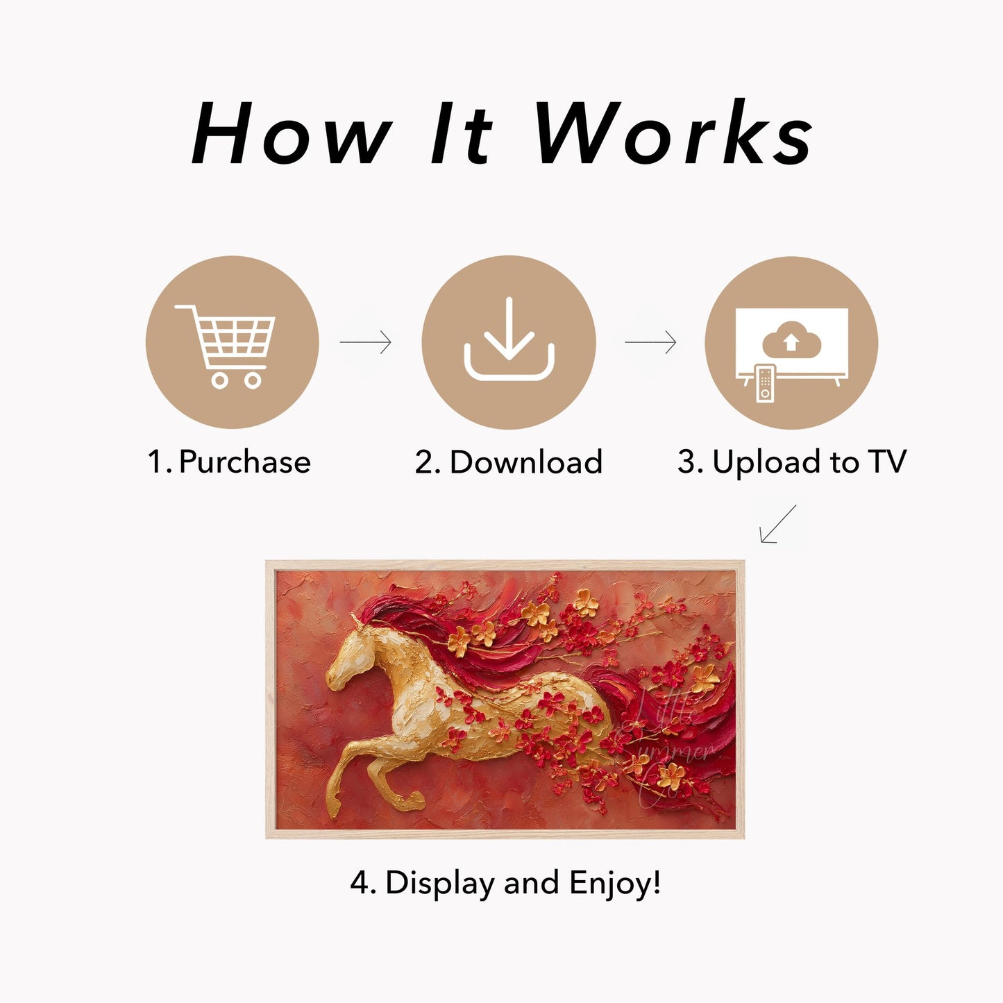 Golden Horse and Blossoms Frame TV Art displayed on a TV