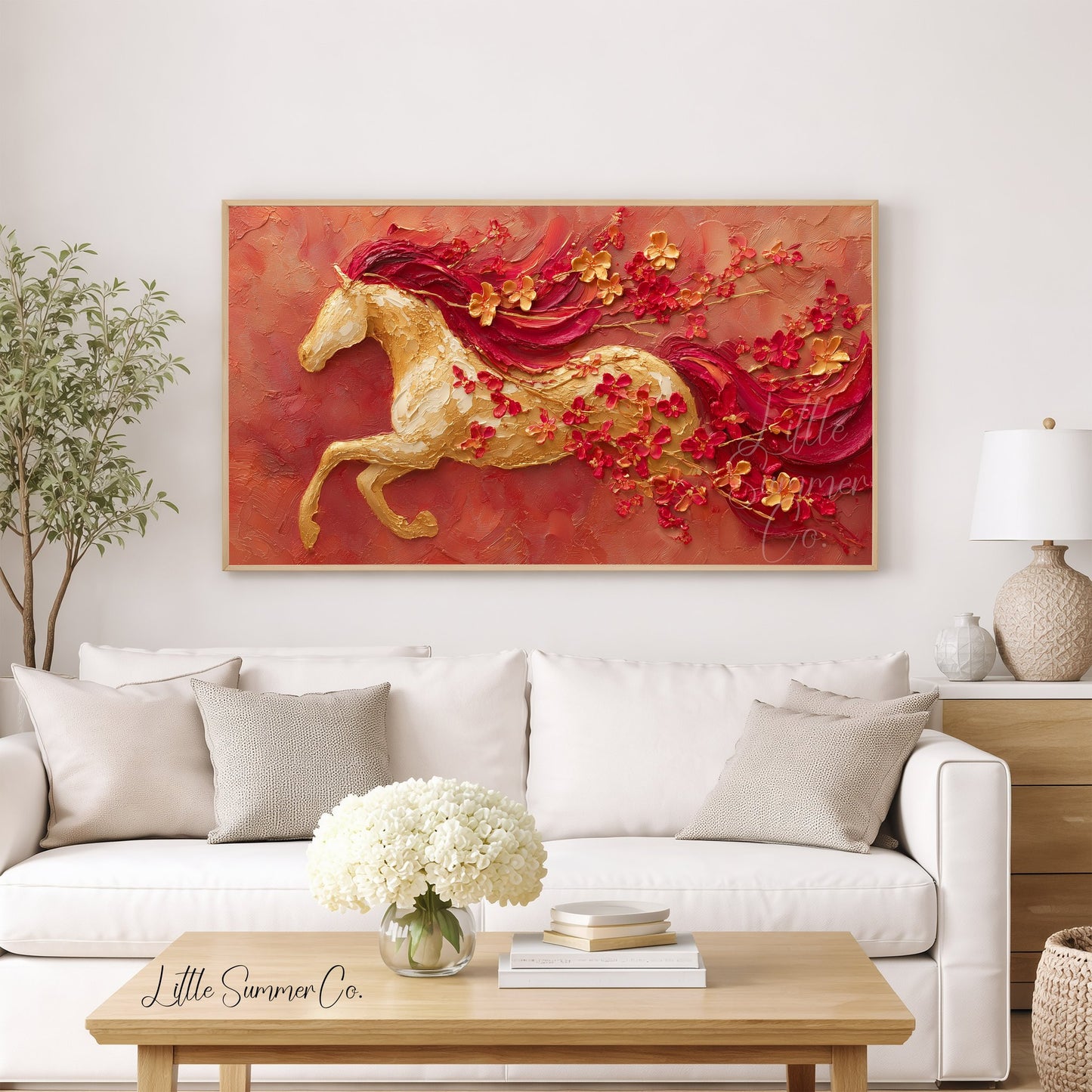 Golden Horse and Blossoms Frame TV Art displayed on a TV