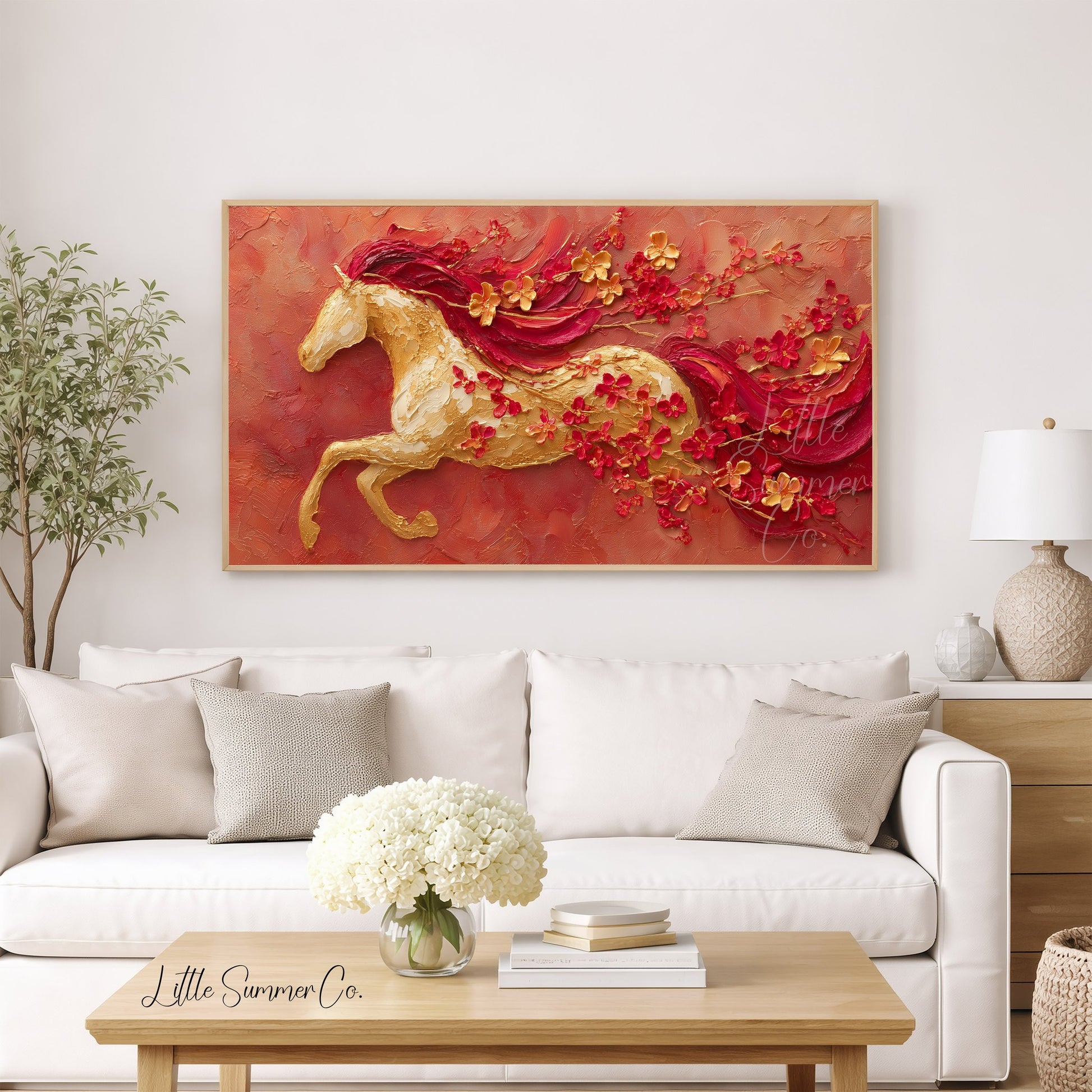 Golden Horse and Blossoms Frame TV Art displayed on a TV