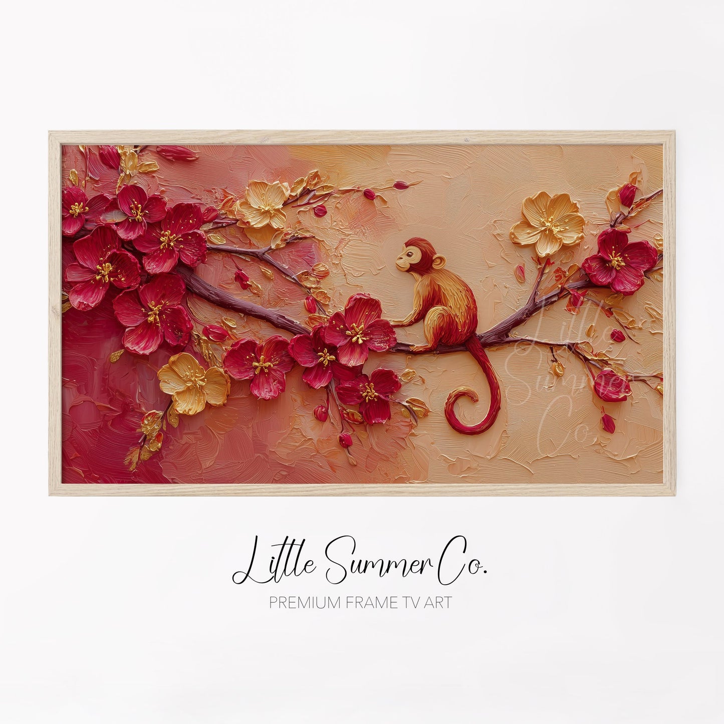 Golden Monkey in Blossoms Frame TV Art displayed on a TV