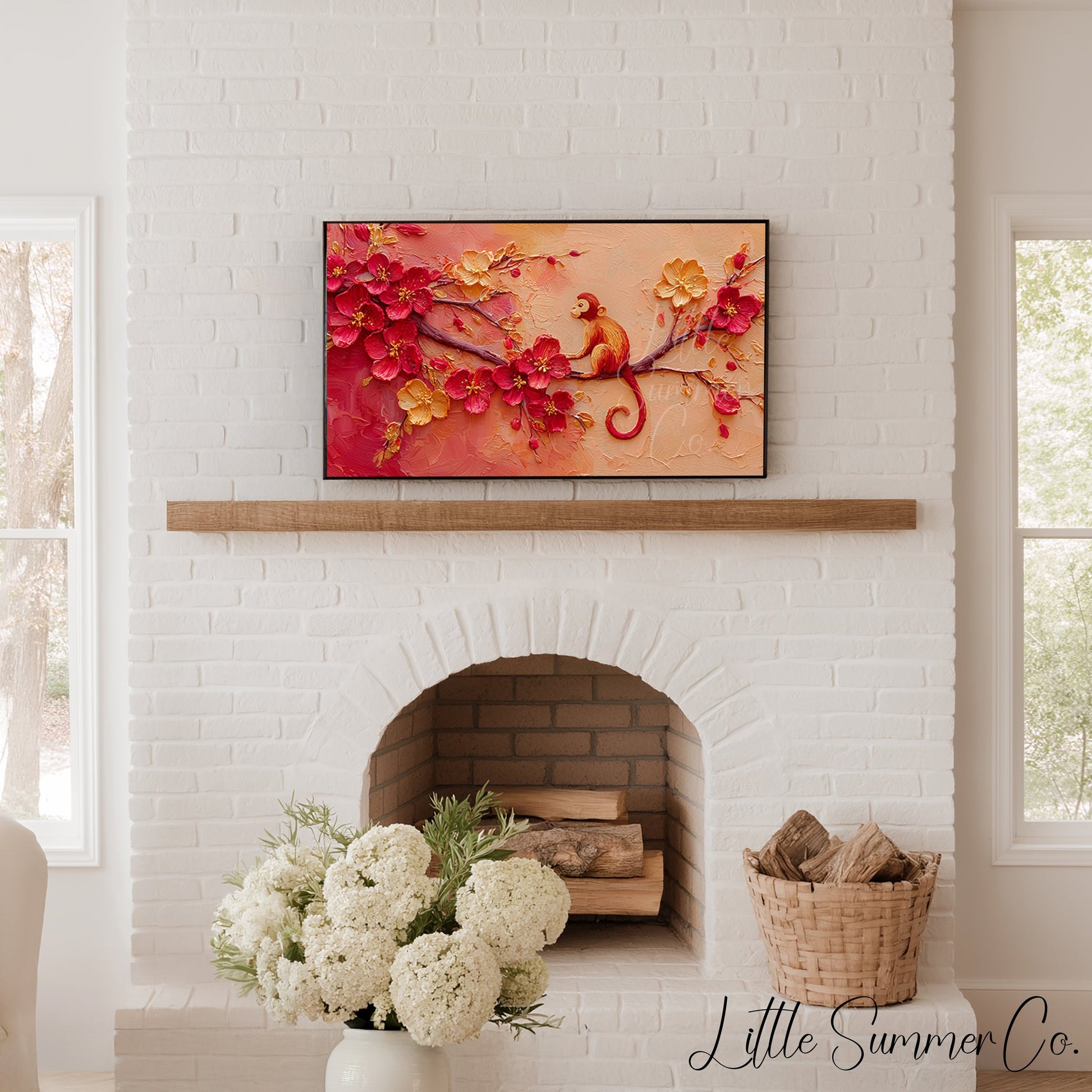 Golden Monkey in Blossoms Frame TV Art displayed on a TV