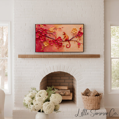 Golden Monkey in Blossoms Frame TV Art displayed on a TV