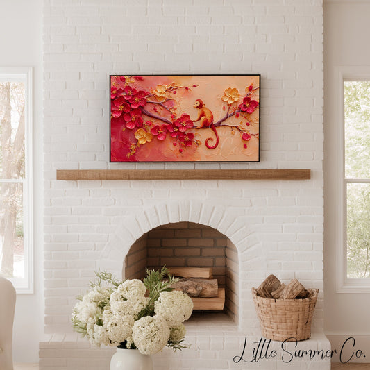 Golden Monkey in Blossoms Frame TV Art displayed on a TV