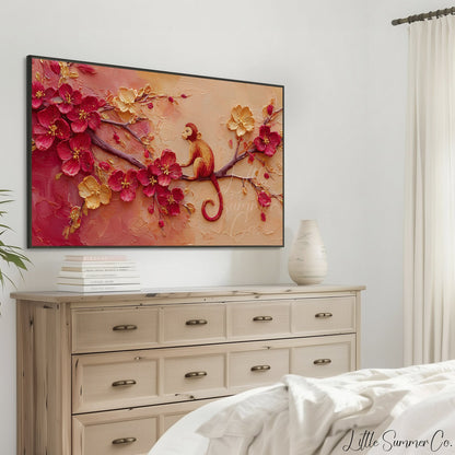 Golden Monkey in Blossoms Frame TV Art displayed on a TV