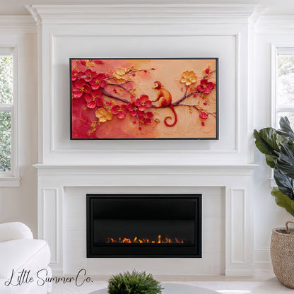 Golden Monkey in Blossoms Frame TV Art displayed on a TV