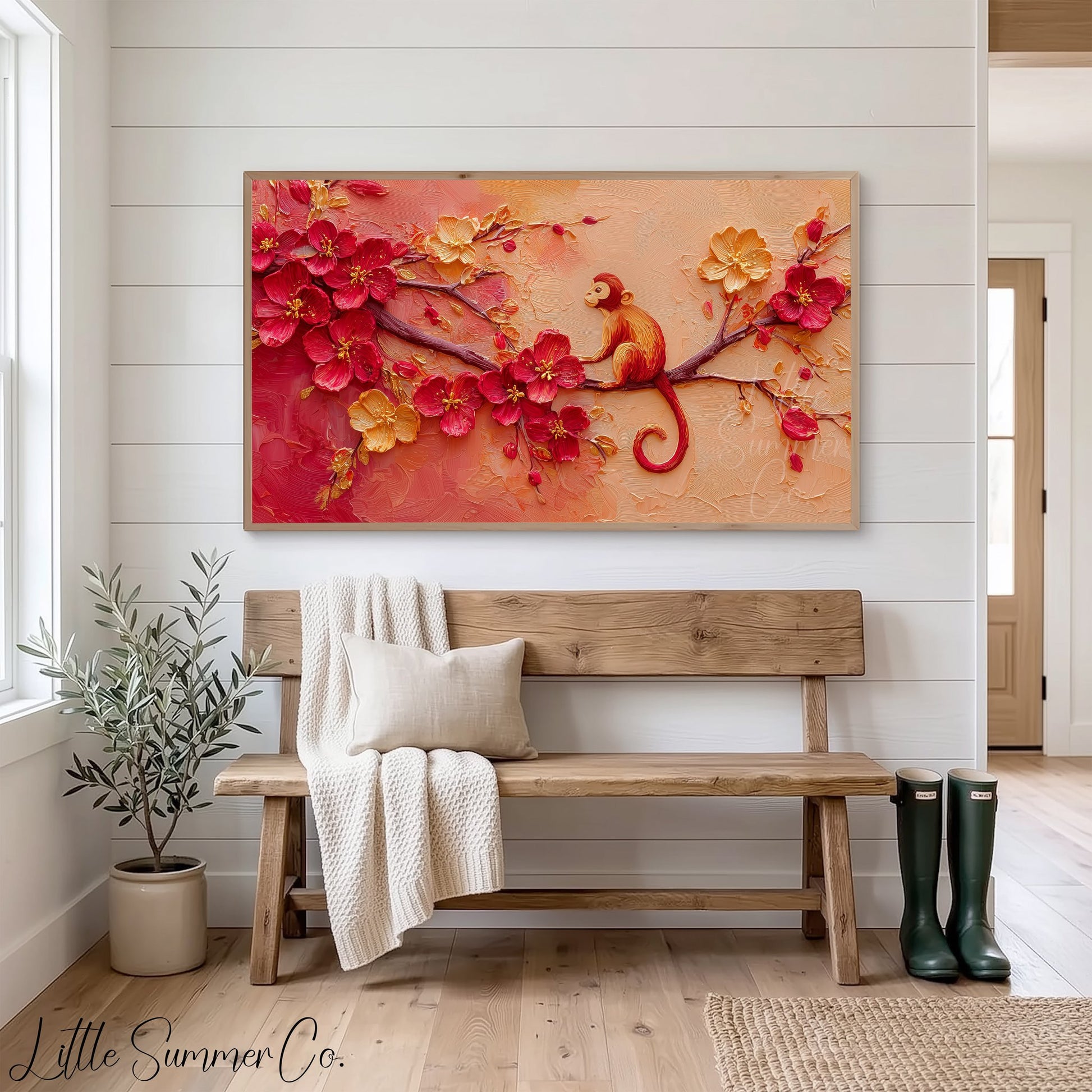 Golden Monkey in Blossoms Frame TV Art displayed on a TV