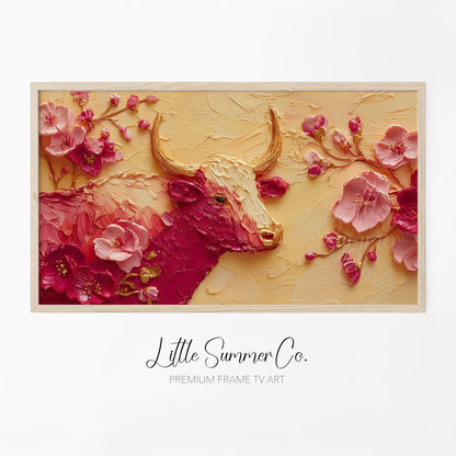 Golden Ox and Pink Blossoms Frame TV Art displayed on a TV