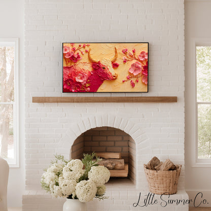 Golden Ox and Pink Blossoms Frame TV Art displayed on a TV