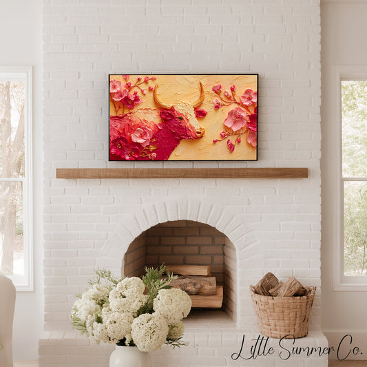 Golden Ox and Pink Blossoms Frame TV Art displayed on a TV