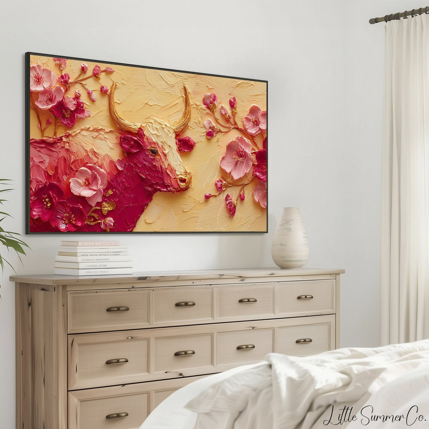 Golden Ox and Pink Blossoms Frame TV Art displayed on a TV