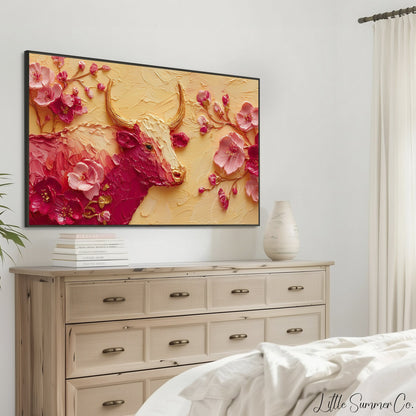 Golden Ox and Pink Blossoms Frame TV Art displayed on a TV