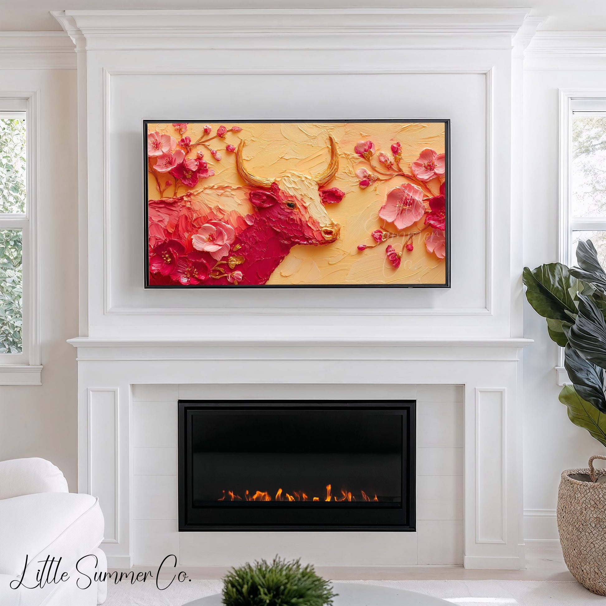 Golden Ox and Pink Blossoms Frame TV Art displayed on a TV