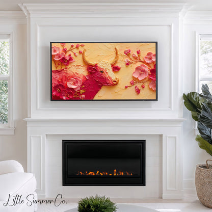 Golden Ox and Pink Blossoms Frame TV Art displayed on a TV